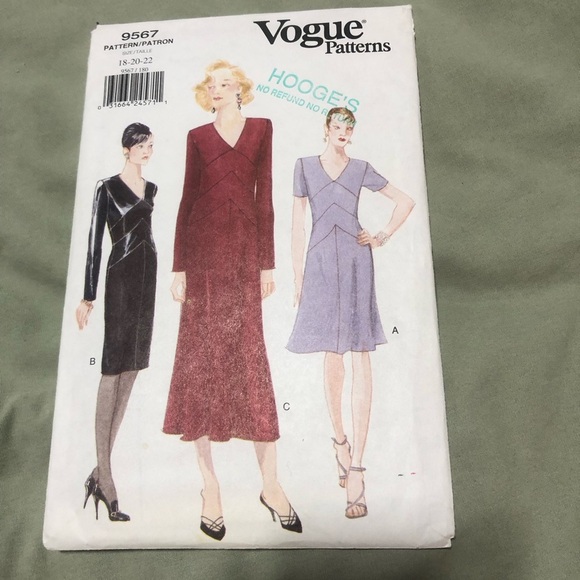 Vogue pattern 9567- sizes 18-20-22- fitted tapered A-line dress - Picture 1 of 9